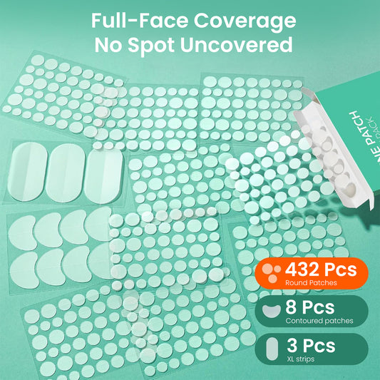 Nozibye 443Pcs Acne Patch Translucent Hydrocolloid Pimple Patches for full-face Blemish Care-Gently Absorbs Gunk- Strong Adhesion-Shields Skin-Ultra-Thin & Cozy-Day & Night Use - Sensitive Skin Safe - Premium Hydrocolloid - 5 Size Pack