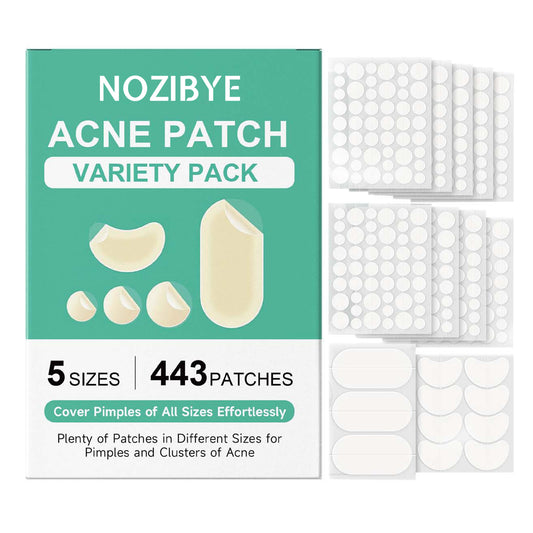 Nozibye 443Pcs Acne Patch Translucent Hydrocolloid Pimple Patches for full-face Blemish Care-Gently Absorbs Gunk- Strong Adhesion-Shields Skin-Ultra-Thin & Cozy-Day & Night Use - Sensitive Skin Safe - Premium Hydrocolloid - 5 Size Pack