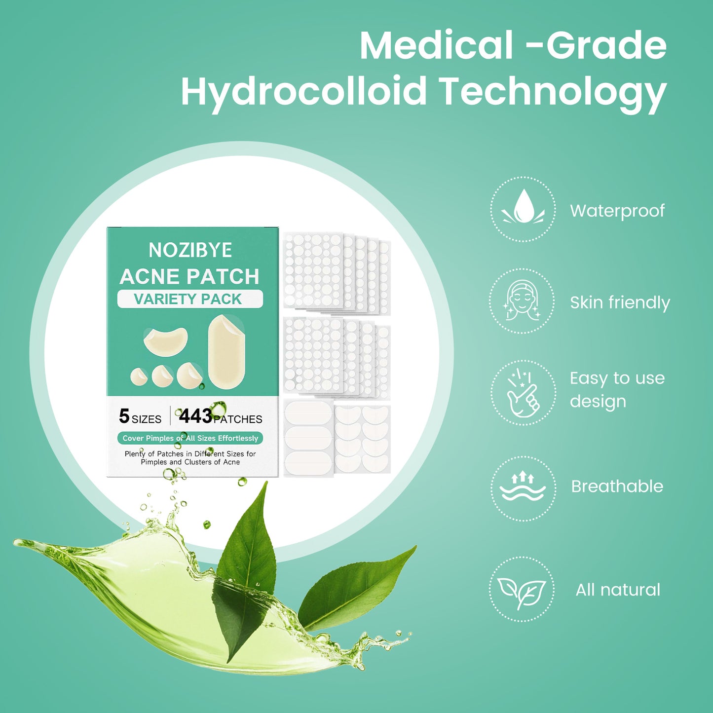 Nozibye 443Pcs Acne Patch Translucent Hydrocolloid Pimple Patches for full-face Blemish Care-Gently Absorbs Gunk- Strong Adhesion-Shields Skin-Ultra-Thin & Cozy-Day & Night Use - Sensitive Skin Safe - Premium Hydrocolloid - 5 Size Pack